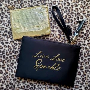 WHBM Black Satin and Gold Sequin Double Pouch Zippered Clutch, NWT
